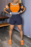 Orange Sportswear Print O Neck Skinny Rompers