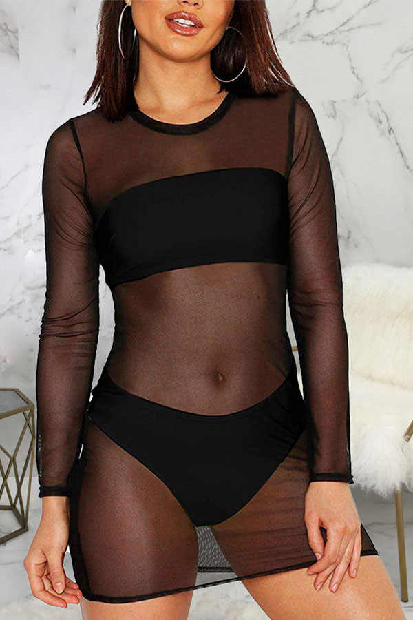 Schwarze Mode Sexy feste durchsichtige O-Ausschnitt Langarm-Mini-Bleistiftrock-Kleider