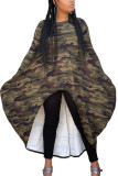 Legergroen Mode Dagelijks Volwassen Melkvezel Camouflage Print O-hals Lange mouw Enkellange Asymmetrische Jurken