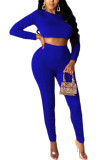 Blue Fashion Sexy Adult Polyester Solid Fold O Neck Long Sleeve Regular Sleeve Short Two Pieces
