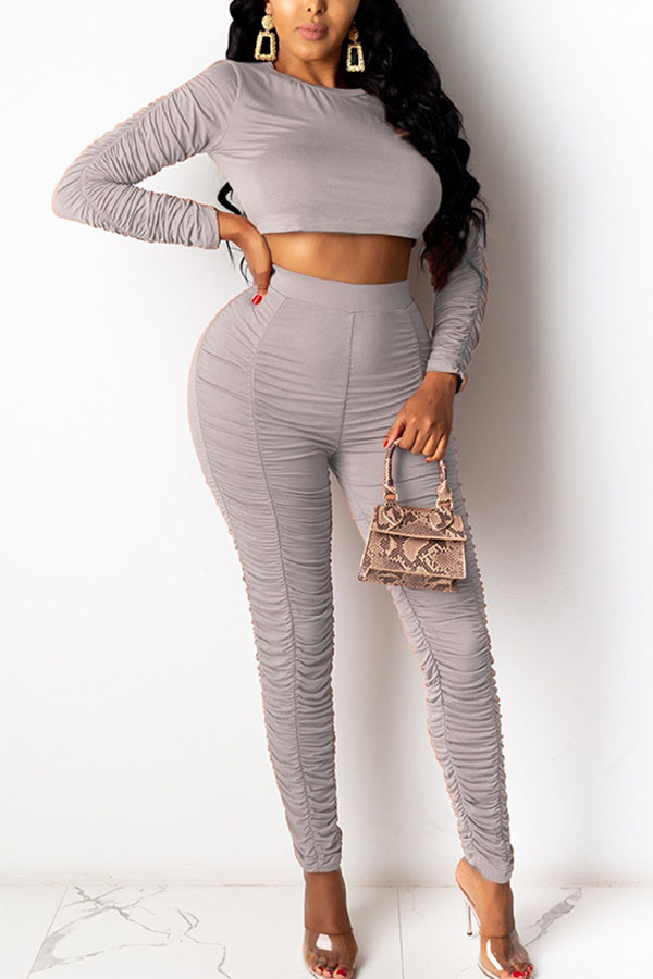 Grey Fashion Sexy Adult Polyester Solid Fold O Neck Long Sleeve Regular Sleeve Short Two Pieces