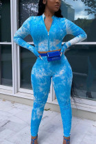 Azul Sexy Casual Estampado Tie-Dye O Cuello Manga Larga Corto Dos Piezas