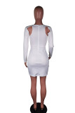 White Twilled Satin Patchwork Solid Pierced Hollowed Out Patchwork Basic Long Sleeve Mini Wrapped Skirt Dresses