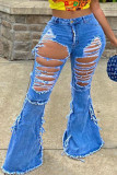 Calça jeans azul fashion casual adulto rasgado cintura média com corte de bota