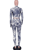 Grey Sexy Casual Print Tie-dye O Neck Long Sleeve Short Two Pieces