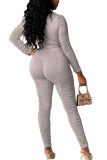 Grey Fashion Sexy Adult Polyester Solid Fold O Neck Long Sleeve Regular Sleeve Short Two Pieces