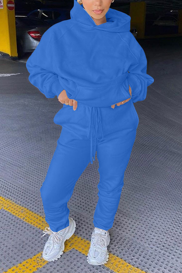 Blu Abbigliamento sportivo Nylon Solido Tasca con cappuccio Colletto manica lunga manica normale Due pezzi