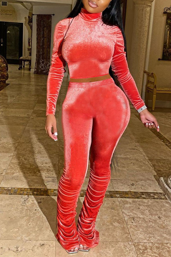Roter, sexy, solider Patchwork-Rollkragenpullover mit langen Ärmeln und regulären Ärmeln, zweiteilig