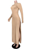 Khaki Sexy Solid Slit Turtleneck Long Sleeve Ankle Length Long Sleeve Dress Dresses