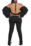 Black Fashion Sexy Adult Patchwork Solid Patchwork Backless Fold Halter Long Sleeve Off The Shoulder Short Two Pieces