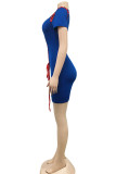 Blue Casual Solid Pierced Patchwork Frenulum With Belt O Neck Pencil Skirt Dresses