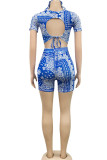 Blue Sexy Print O Neck Short Sleeve Short Two Pieces