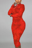 Rött mode Mjölkfibertryck Tie-dye Vik Mandarinkrage Långärmad Knälånga mantelklänningar