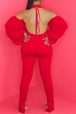 Red Fashion Sexy Adult Knitting Solid Backless Halter Straight Jumpsuits