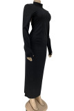 Black Fashion Sexy Adult Solid Backless O Neck Long Sleeve Ankle Length Pencil Skirt Dresses