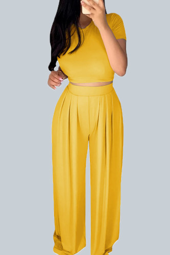 Yellow Casual Solid Patchwork O Neck Short Sleeve Short Two Pieces