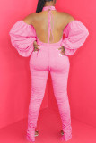 Pink Fashion Sexy Adult Knitting Solid Backless Halter Straight Jumpsuits