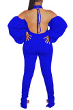 Koningsblauw Mode Sexy Volwassen Breien Solid Backless Halter Rechte Jumpsuits