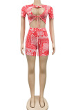 Red Sexy Print O Neck Short Sleeve Short Two Pieces