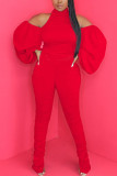 ピンク ファッション セクシー 大人 ニット ソリッド バックレス ホルター ストレート ジャンプスーツ