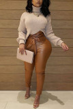 Coffee Casual PU Solid Knotted Loose Bottoms