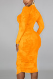 Oranje Mode Melkvezel Print Tie-dye Vouw Mandarijn Kraag Lange Mouwen Knielengte Schede Jurken
