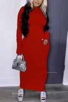 Red Fashion Sexy Adult Polyester Solid Backless O Neck Long Sleeve Ankle Length Pencil Skirt Dresses