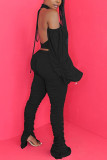 Черная модная сексуальная лоскутная одежда для взрослых, однотонная лоскутная одежда с открытой спиной и лямкой на шее, с длинными рукавами, короткие короткие двойки с открытыми плечами