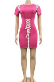 rose red Casual Solid Pierced Patchwork Frenulum With Belt O Neck Pencil Skirt Dresses