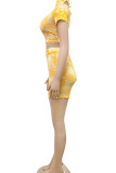 Yellow Sexy Print O Neck Short Sleeve Short Two Pieces
