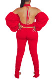 Rosso moda sexy patchwork per adulti patchwork solido piega senza schienale halter manica lunga fuori dalla spalla corto due pezzi
