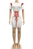ホワイトカジュアルソリッドピアスパッチワーク小帯ベルト付きOネックペンシルスカートドレス