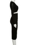 Black Sexy Street Cotton Patchwork Solid Split Joint Fold O Neck Long Sleeve Regular Sleeve Short Two Pieces