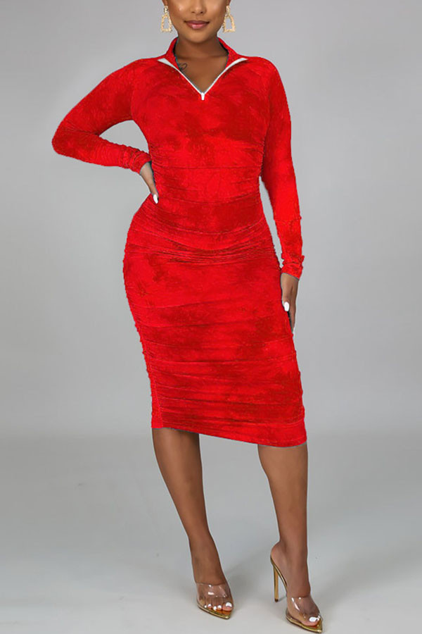 Red Fashion Milk Fiber Print Tie-dye Fold Mandarin Collar Long Sleeve Knee Length Sheath Dresses