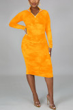 Orange Fashion Milk Fiber Print Tie-dye Fold Mandarin Collar Long Sleeve Knee Length Sheath Dresses