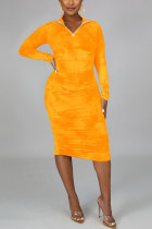 Orange Fashion Polyester Milk Fiber Print Tie-dye Fold Mandarin Collar Long Sleeve Knee Length Sheath Dresses