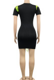 Black Casual Solid Pierced Patchwork Frenulum With Belt O Neck Pencil Skirt Dresses