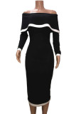 Black Sexy Pit Article Fabrics Patchwork Solid Patchwork Basic Bateau Neck Long Sleeve Mid Calf Pencil Skirt Dresses