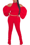 Vermelho moda sexy adulto retalhos sólido retalhos sem costas dobra halter manga longa fora do ombro curto duas peças