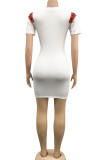 White Casual Solid Pierced Patchwork Frenulum With Belt O Neck Pencil Skirt Dresses