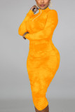 オレンジ ファッション ミルク ファイバー プリント タイダイ フォールド マンダリン カラー ロング スリーブ 膝丈 シース ドレス