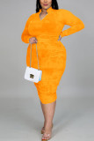 Orange Fashion Milk Fiber Print Tie-Dye Fold Stehkragen Langarm knielangen Etuikleider