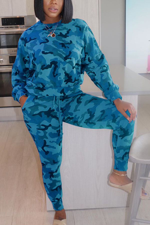 Blauwe Venetiaanse Mode Actieve volwassen Mevrouw Camouflage Tweedelige Pakken Potlood Lange Mouw Tweedelige