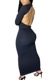 Black Fashion Sexy Adult Solid Backless O Neck Long Sleeve Ankle Length Pencil Skirt Dresses