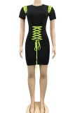 Black Casual Solid Pierced Patchwork Frenulum With Belt O Neck Pencil Skirt Dresses