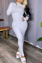 White Fashion Sexy Adult Polyester Solid Backless O Neck Long Sleeve Ankle Length Pencil Skirt Dresses