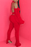 Красное модное сексуальное лоскутное платье для взрослых, однотонное лоскутное платье с открытой спиной и лямкой на шее, с длинным рукавом, с открытыми плечами, короткие, из двух частей