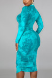 Blue Fashion Milk Fiber Print Tie-dye Fold Mandarin Collar Long Sleeve Knee Length Sheath Dresses