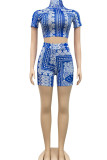 Blue Sexy Print O Neck Short Sleeve Short Two Pieces