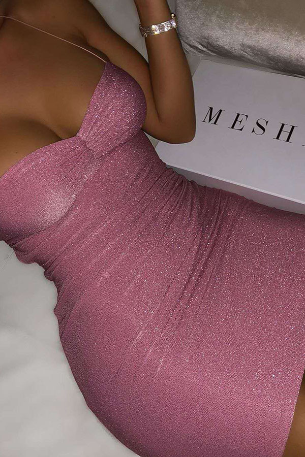 ピンクのファッションセクシーな大人のアセテート繊維固体スパゲッティストラップノースリーブミニペンシルスカートドレス